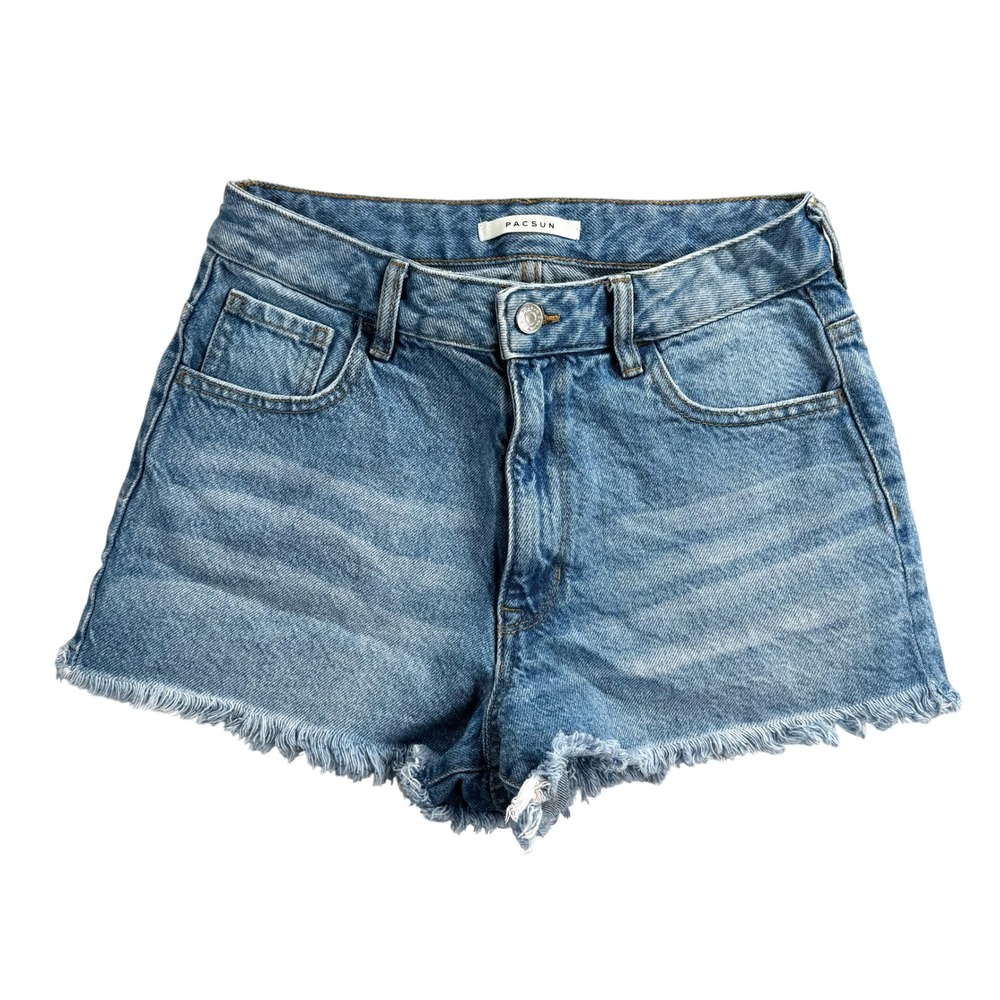 PacSun High Rise Festival Denim Shorts Medium Wash Raw Hem Size 26 Inseam 2 inch